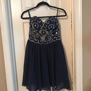 silver and navy blue homecoming dress